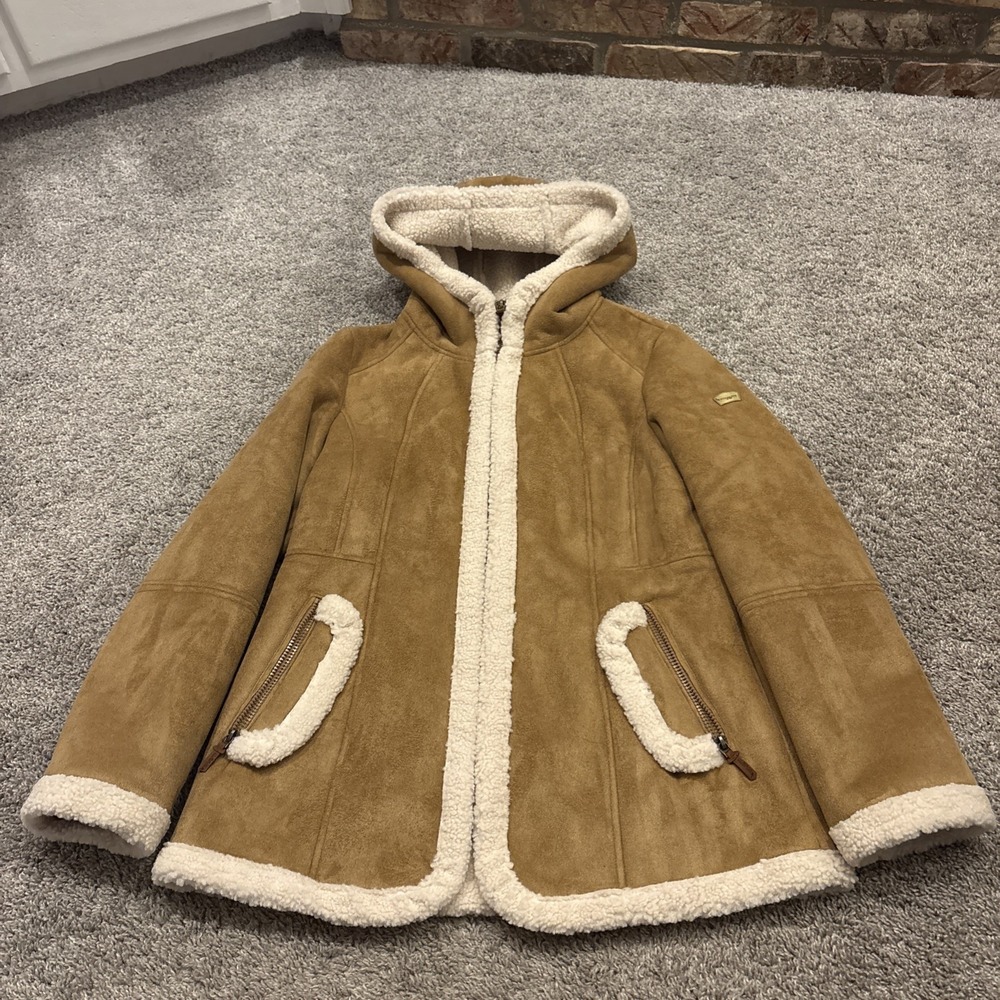 Koolaburra UGG Coat Jacket Faux Fur Suede Hood Shearling Medium M Penny Lane